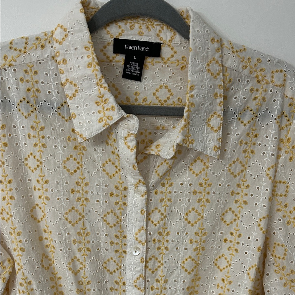 Karen Kane Tie Front Blouse Women’s L Tropic Sun Eyelet Bell Sleeves Spring NWT - Picture 2 of 15